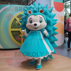Turquoise Hedgehog mascot costume character dressed with a Circle Skirt and Watches