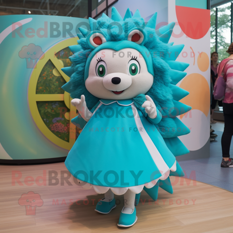 Turquoise Hedgehog mascot costume character dressed with a Circle Skirt and Watches Turquoise Hedgehog mascot costume character dressed with a Circle Skirt and Watches