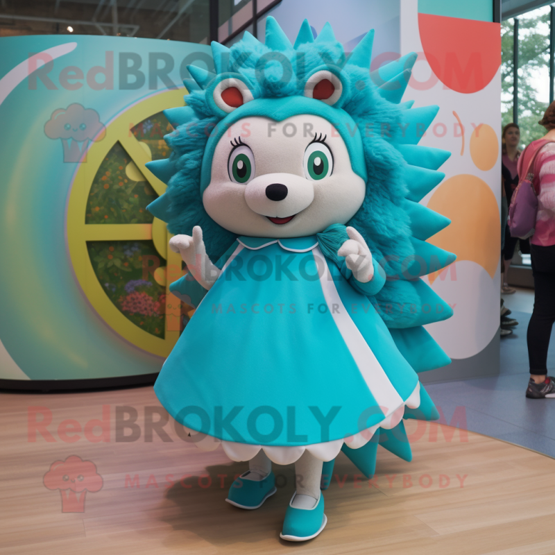 Turquoise Hedgehog mascot costume character dressed with a Circle Skirt and Watches