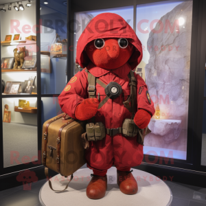 Red Special Air Service mascot costume character dressed with a Cover-up and Backpacks