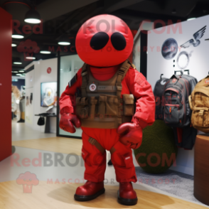 Red Special Air Service mascot costume character dressed with a Cover-up and Backpacks