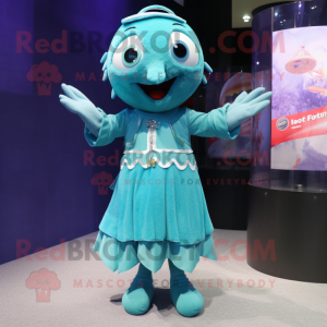 Teal Cod mascot costume character dressed with a Skirt and Rings
