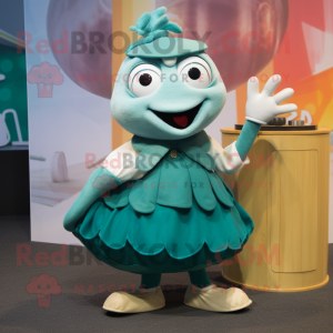 Teal Cod mascot costume character dressed with a Skirt and Rings