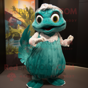 Teal Cod mascot costume character dressed with a Skirt and Rings