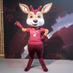 Maroon Deer mascot costume character dressed with a Yoga Pants and Bow ties