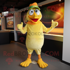 Olive Butter Chicken mascot costume character dressed with a Jeggings and Rings