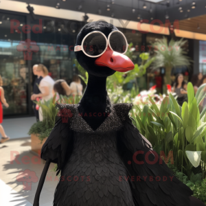 Black Swan mascot costume character dressed with a Dress and Sunglasses