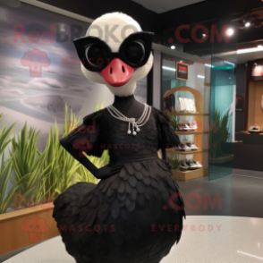 Black Swan mascot costume character dressed with a Dress and Sunglasses