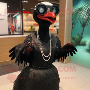 Black Swan mascot costume character dressed with a Dress and Sunglasses