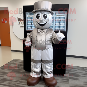 Silver Chocolate Bar mascot costume character dressed with a Dress Pants and Berets