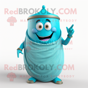 Cyan Biryani mascot costume character dressed with a Tank Top and Rings