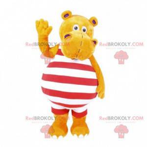 Mascotte d'hippopotame jaune avec une tenue rouge et blanche -