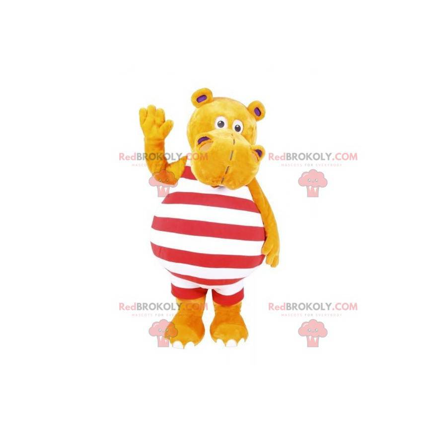 Mascota de hipopótamo amarillo con un traje rojo y blanco -