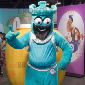 Cyan Biryani mascot costume character dressed with a Tank Top and Rings