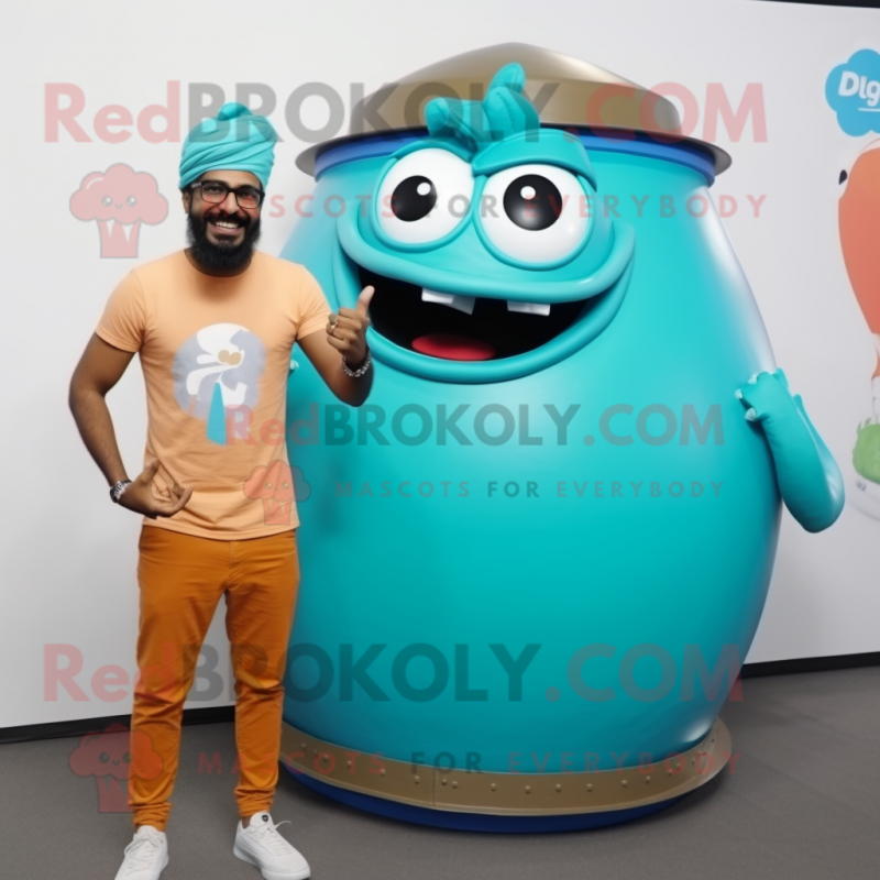 Cyan Biryani mascot costume character dressed with a Tank Top and Rings