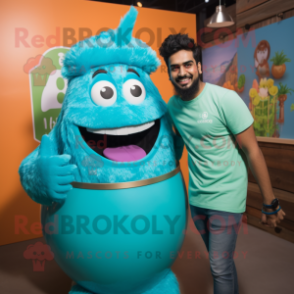 Cyan Biryani mascot costume character dressed with a Tank Top and Rings