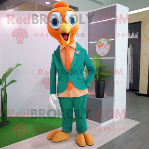Peach Peacock mascot costume character dressed with a Suit Pants and Shoe laces