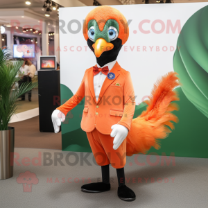 Peach Peacock mascot costume character dressed with a Suit Pants and Shoe laces