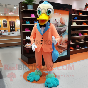 Peach Peacock mascot costume character dressed with a Suit Pants and Shoe laces