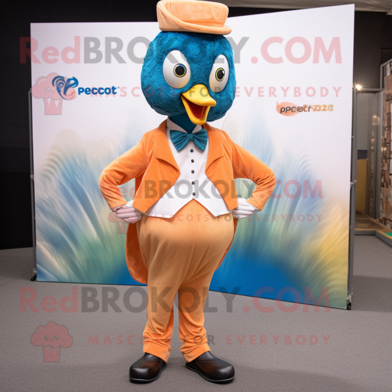 Peach Peacock mascot costume character dressed with a Suit Pants and Shoe laces