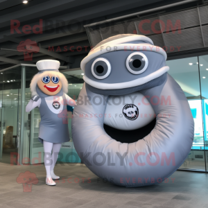 Silver Donut mascot costume character dressed with a One-Piece Swimsuit and Berets