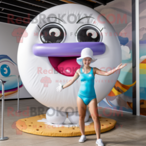 Silver Donut mascot costume character dressed with a One-Piece Swimsuit and Berets