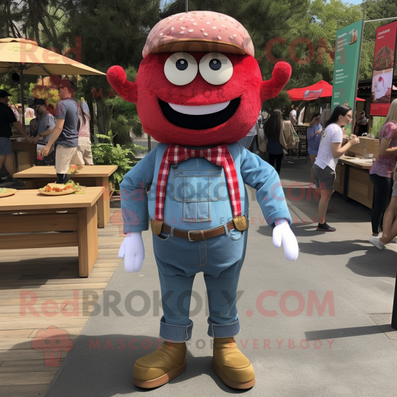 Red Burgers mascot costume character dressed with a Chambray Shirt and Scarf clips