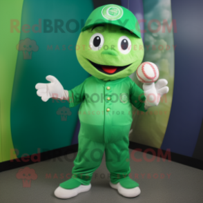 Green Baseball Ball mascot costume character dressed with a Bodysuit and Caps