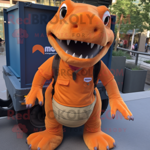 Orange Iguanodon mascot costume character dressed with a Cargo Pants and Earrings