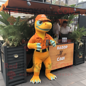 Orange Iguanodon mascot costume character dressed with a Cargo Pants and Earrings