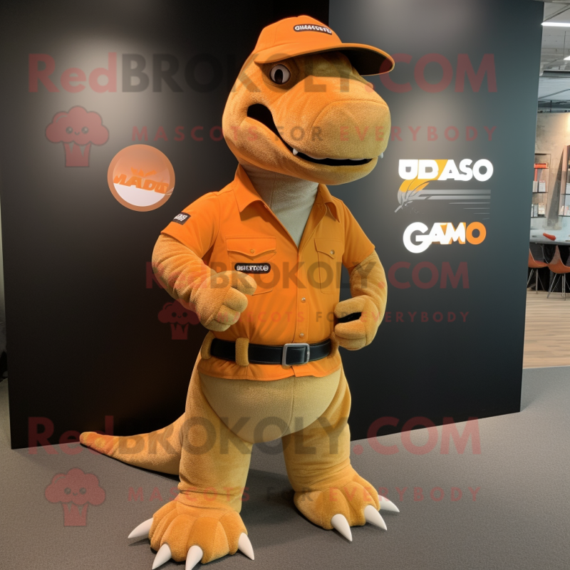 Orange Iguanodon mascot costume character dressed with a Cargo Pants and Earrings