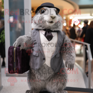 Silver Marmot mascot costume character dressed with a Tuxedo and Handbags