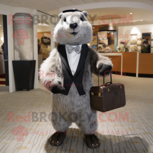 Silver Marmot mascot costume character dressed with a Tuxedo and Handbags