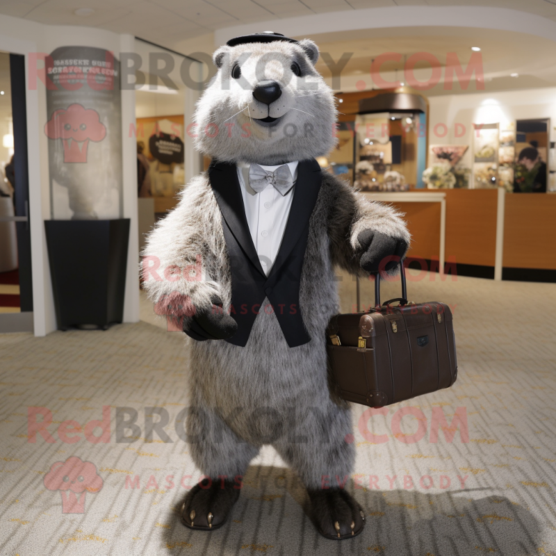 Silver Marmot mascot costume character dressed with a Tuxedo and Handbags Silver Marmot mascot costume character dressed with a Tuxedo and Handbags