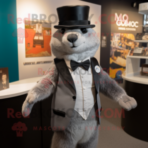 Silver Marmot mascot costume character dressed with a Tuxedo and Handbags