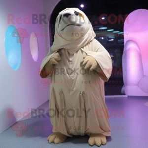 Beige Walrus mascot costume character dressed with a Raincoat and Wraps