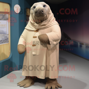 Beige Walrus mascot costume character dressed with a Raincoat and Wraps