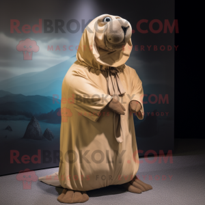 Beige Walrus mascot costume character dressed with a Raincoat and Wraps