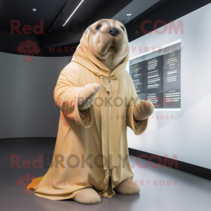 Beige Walrus mascot costume character dressed with a Raincoat and Wraps