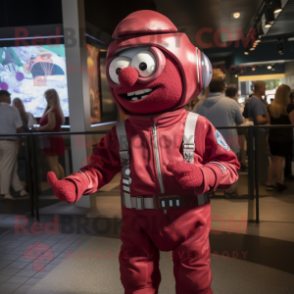 Maroon Astronaut mascot costume character dressed with a Chambray Shirt and Berets