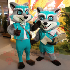 Turquoise Raccoon mascot costume character dressed with a Pencil Skirt and Messenger bags