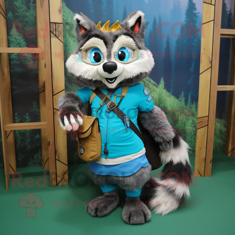 Turquoise Raccoon mascot costume character dressed with a Pencil Skirt and Messenger bags