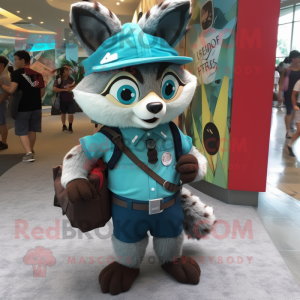 Turquoise Raccoon mascot costume character dressed with a Pencil Skirt and Messenger bags