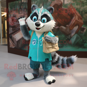 Turquoise Raccoon mascot costume character dressed with a Pencil Skirt and Messenger bags