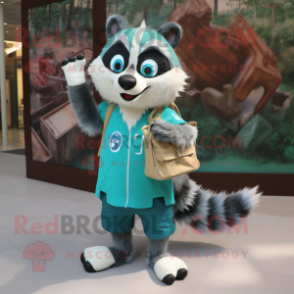 Turquoise Raccoon mascot costume character dressed with a Pencil Skirt and Messenger bags