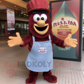 Maroon Paella mascot costume character dressed with a Denim Shorts and Mittens