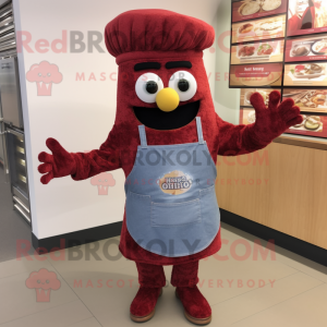 Maroon Paella mascot costume character dressed with a Denim Shorts and Mittens