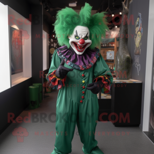 Forest Green Evil Clown mascot costume character dressed with a Polo Shirt and Clutch bags
