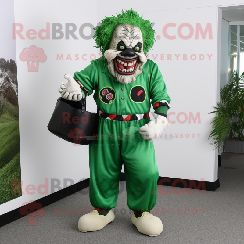 Forest Green Evil Clown mascot costume character dressed with a Polo Shirt and Clutch bags Forest Green Evil Clown mascot costume character dressed with a Polo Shirt and Clutch bags