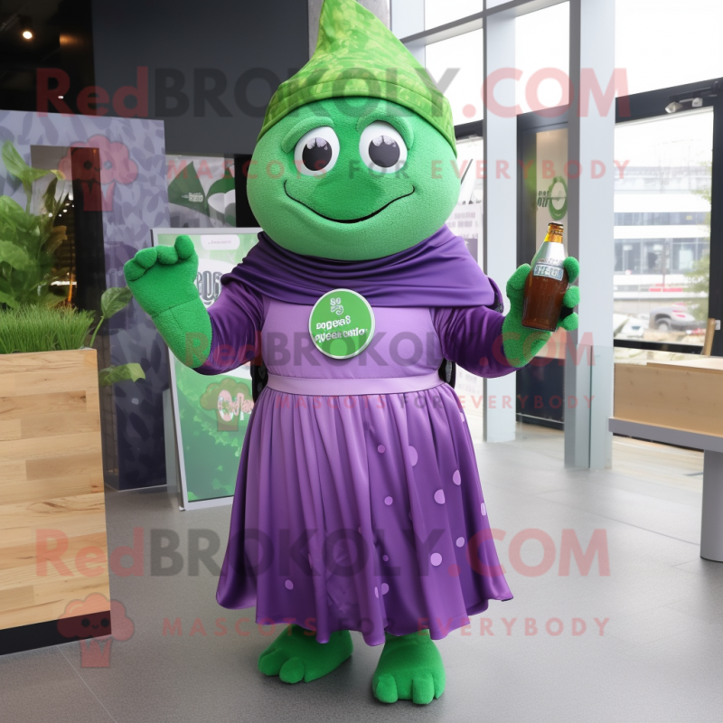 Purple Green Beer mascot costume character dressed with a Wrap Dress and Cummerbunds Purple Green Beer mascot costume character dressed with a Wrap Dress and Cummerbunds